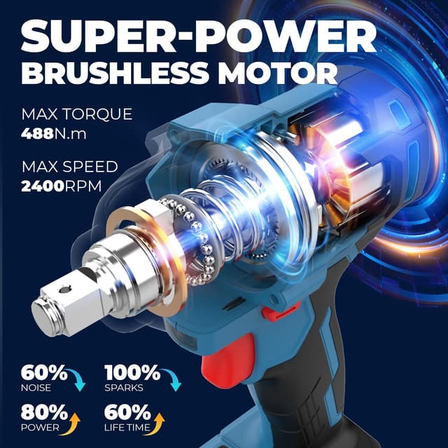 Detalle 2 de Dong Cheng 20V Brushless Impact Wrench (Max 488Nm / 360 ft-lbs) with 3-Speed Control – 1/2 inch Kit