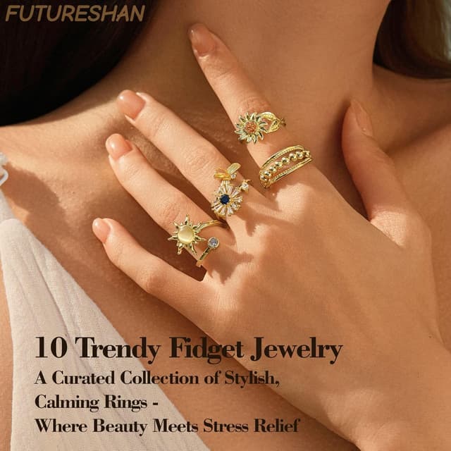 Detalle 2 de 10Pcs Fidget Anxiety Rings (Adjustable Spinner Rings) — Moon, Sun, Butterfly, Galaxy & More CZ Stress Relief