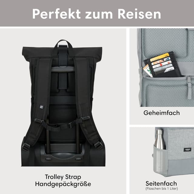 Detalle de Larkson Rolltop-Rucksack No 4 (Damen & Herren) mit Laptopfach bis 16 Zoll – wasserabweisend, für Uni, Arbeit & Fahrrad