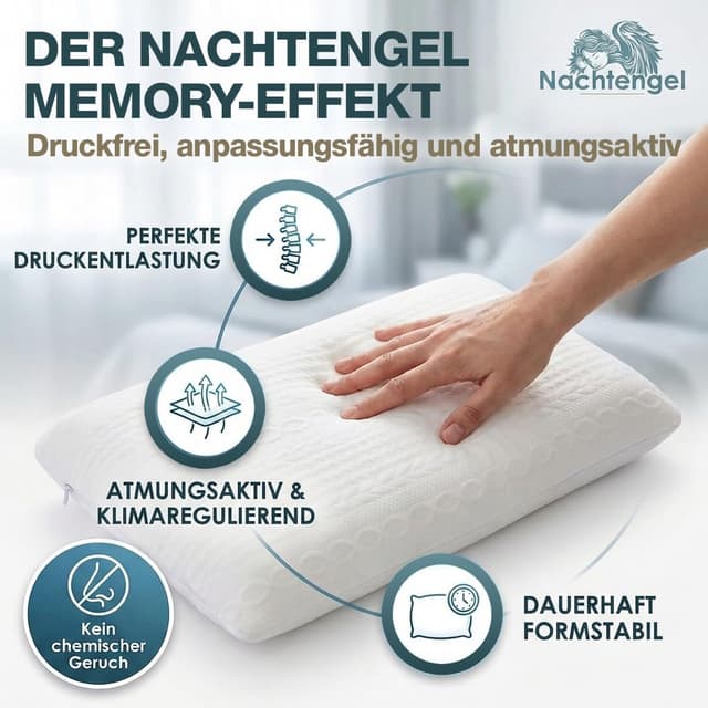 Detalle 2 de Nachtengel ergonomisches Kopfkissen 40x60 aus Memory Foam mit Nackenstütze (40×60, weiß) – 12 cm Höhe, Oeko-TEX