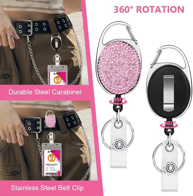 Detalle de Vicloon einziehbarer Schlüsselanhänger mit ID-Kartenhalter (3 Stück) – Ausweishalter mit Strass-Optik