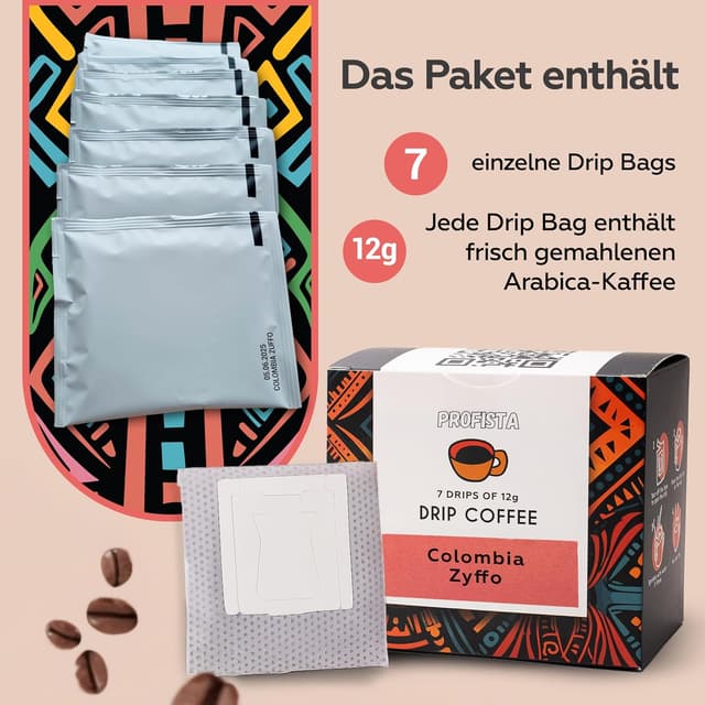 Detalle de PROFISTA Colombia Zyffo Drip Coffee Bag 7×12 g im Geschenkset – Kaffee unterwegs, Camping & Geschenkbox