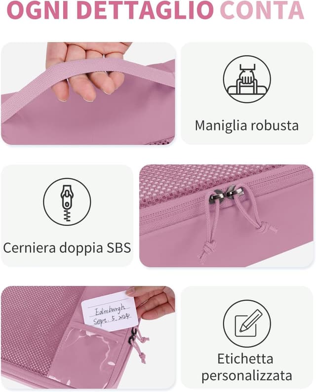 Detalle de ECOHUB Organizer valigia 6 pezzi con tasca etichetta e tessuto ripstop (rosa)