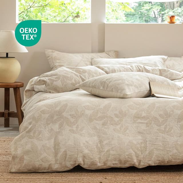 Detalle de SOULFUL Leinen-Bettwäsche 155x220 (Jacquard, Boho Leaves) mit Kissenbezug 80x80, Öko-Tex 100