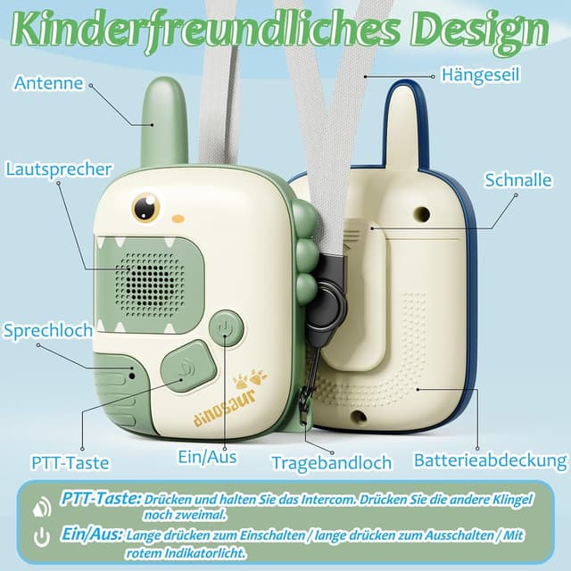 Detalle de DQMOON Dino Walkie-Talkies für Kinder (ab 3 Jahren), 2er-Set – Outdoor-Spiele mit Funk