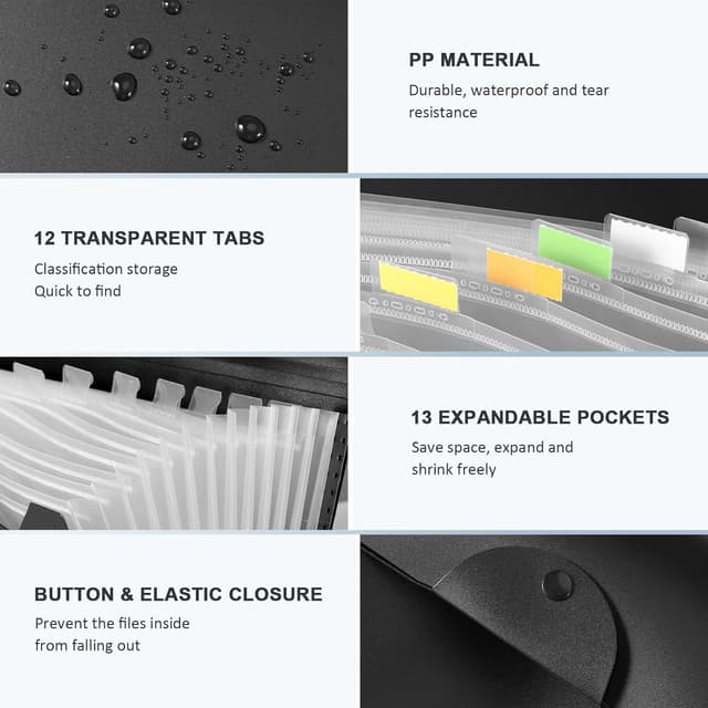 Detalle 2 de Diboniur A4 Accordion File Organiser with 13 Pockets (Black)