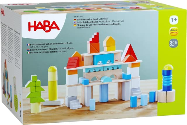Detalle de HABA Basis Holzbausteine 85 bunte Bausteine mit Baumwolltasche (ToyAward 2024) – für Kinder ab 1 Jahr