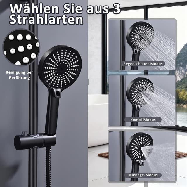 Detalle 2 de Duschsystem mit Armatur – höhenverstellbare Regendusche (26 cm) & 3-funktion Handbrause aus Edelstahl