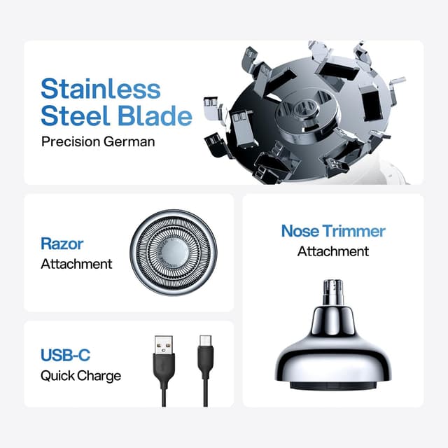 Detalle 2 de yoose 2 in 1 Tagliapeli Naso e Rasoio Elettrico ricaricabile USB-C, impermeabile IPX7 con testine intercambiabili