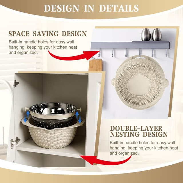 Thumbnail 6 de 4-1 Colander with Bowl Set (Rotatable) — Stainless Steel + Grater Attachments for Kitchen Prep