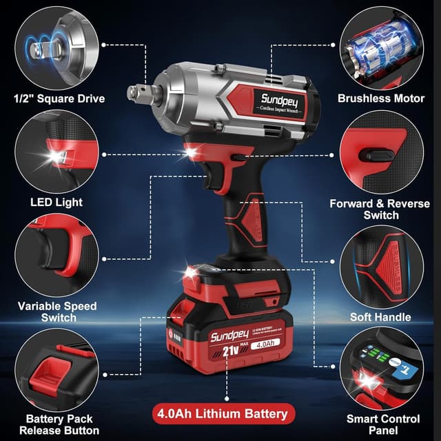 Detalle 2 de Sundpey Cordless Impact Wrench 1200N·m (900Ft-lbs) 1/2in with 2 x 4000mAh batteries