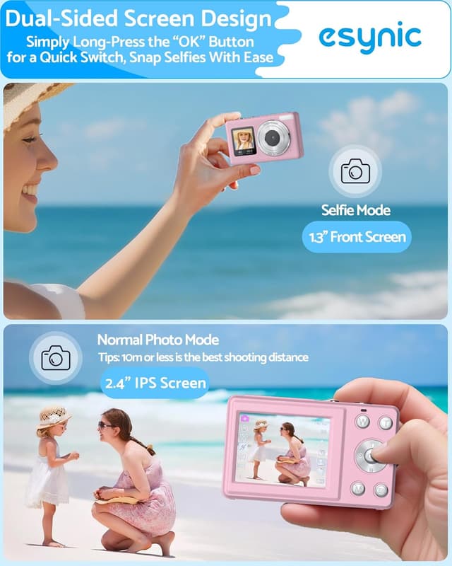 Detalle 2 de eSynic Digital Compact Camera 4K 48MP with Dual Screens, 18X Zoom and LED Fill Light (Pink) + 32G SD Card