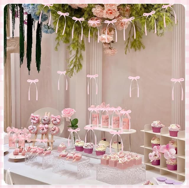 Detalle 2 de 30-Pack Pink Bow Cake Toppers with Ribbons for Coquette-Themed Cakes & Cupcakes