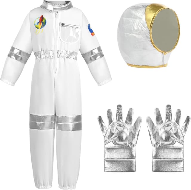Detalle de Aomig Astronaut Kostüm Kinder (3-teilig) in Weiß/Silber – Astronautenoverall mit Helm & Handschuhen, unisex für S–XL
