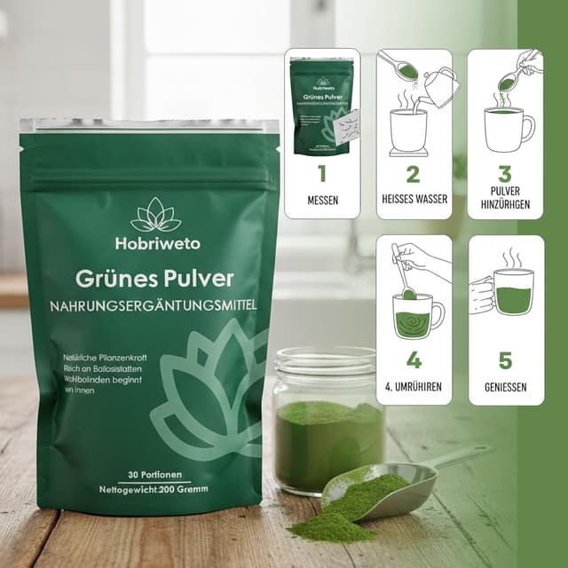 Detalle 2 de Grüne Entgiftungspulver (200 g) – Superfood Green Pulver mit Matcha, Gerstengras, Spirulina & Heidelbeere