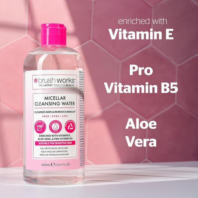 Detalle de Brushworks Micellar Cleansing Water 400ml – Fragrance Free Makeup Remover for Face, Eyes & Lips