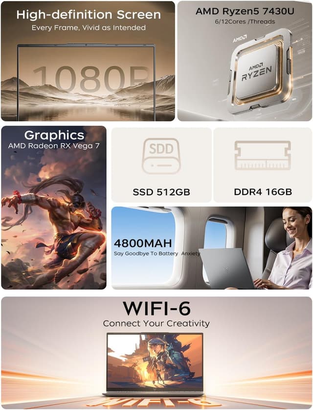 Detalle 2 de AMD Ryzen 5 7430U Laptop with Radeon Graphics, 16GB RAM, 512GB NVMe SSD, Wi‑Fi 6, 15.6" Full HD (Windows 11)