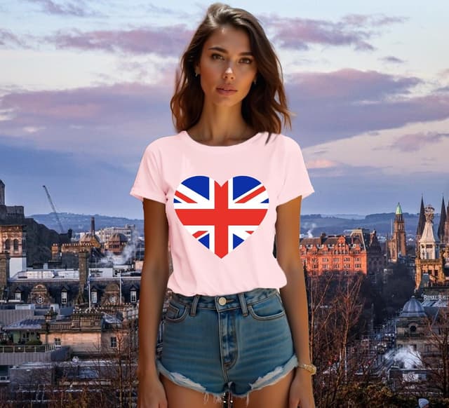 Detalle de Qskall women’s Union Jack T-shirt with heart print