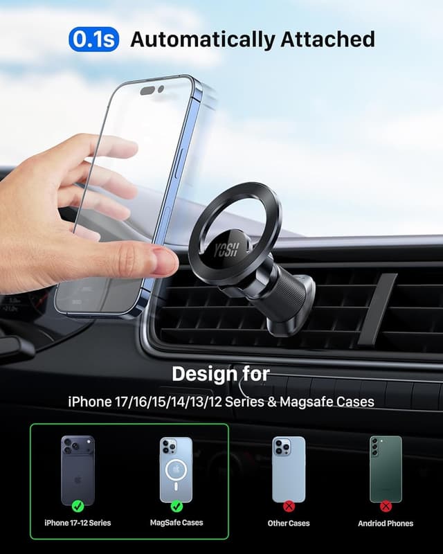 Detalle de YOSH MagSafe Car Mount — air vent magnetic phone holder with dual-hook stability and 20× N55 magnets