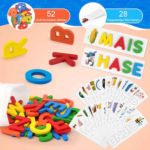 Detalle de Joozmui Buchstaben-Lernspiel (ab 3–8 Jahre) mit Wortkarten und Buchstabenblöcken für Mädchen und Jungen