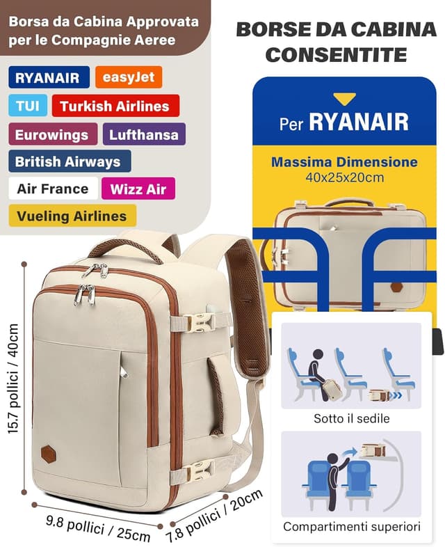 Detalle de VANKEV Zaino Ryanair 40x20x25 beige 20L con vano PC fino a 14 pollici