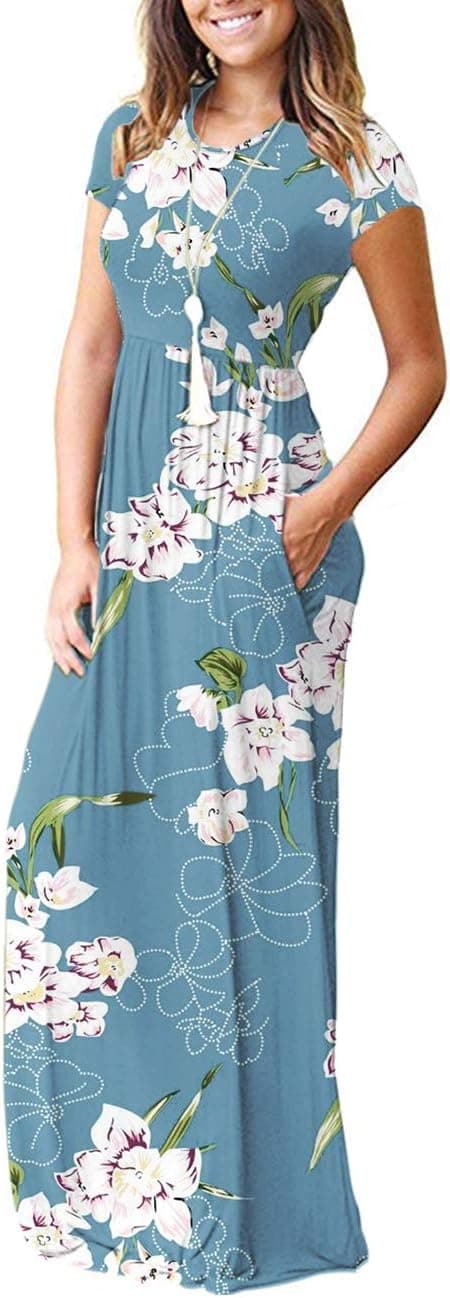 Detalle de AUSELILY Damen Sommerkleid Kurzarm Long Maxi mit Taschen – casual bis Arbeit