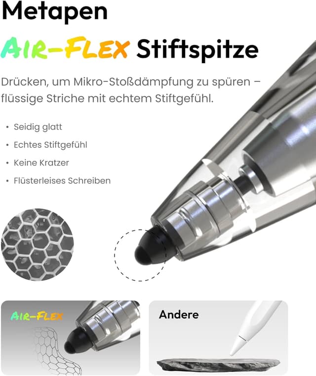 Detalle de Metapen Air8 Pro X Stift für iPad (2018–2026) – 26h Akkulaufzeit, Air-Flex Soft-Tip, leise & präzise