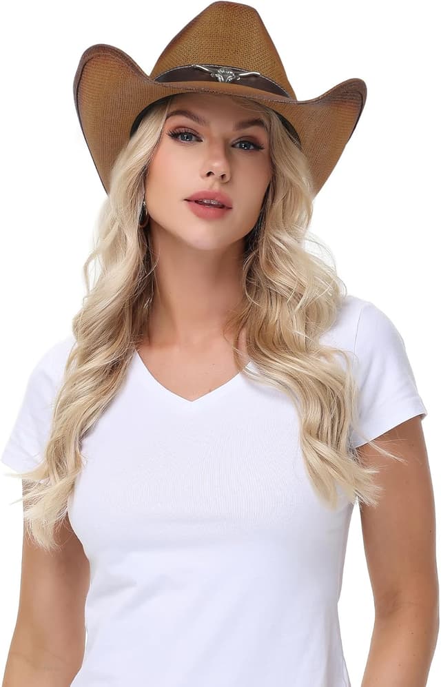 Thumbnail 6 de WQWOVRVO Straw Cowboy Hat with Shapeable Wide Brim (Adjustable Band) for Men & Women