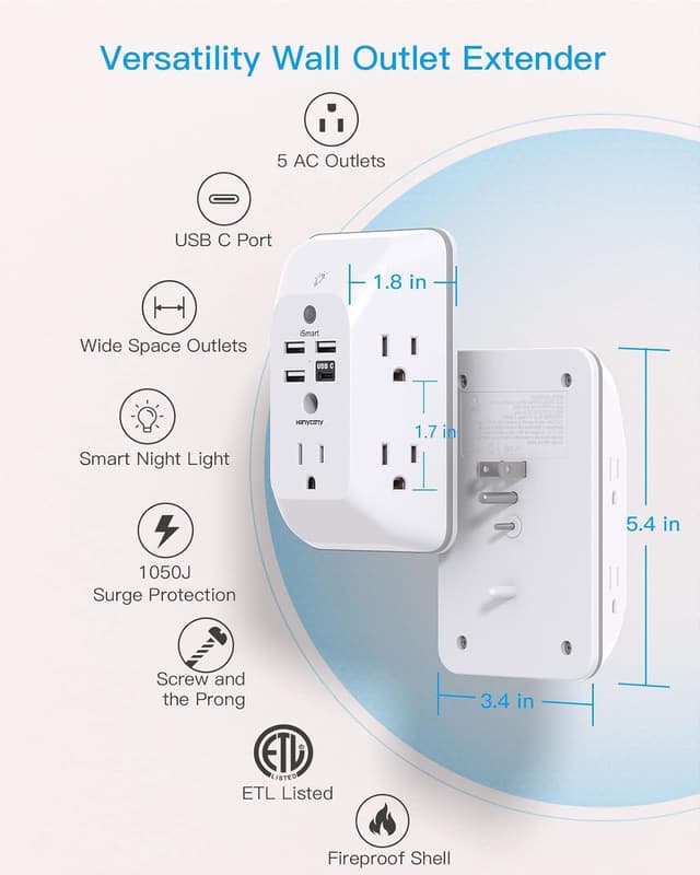 Detalle de HANYCONY Outlet Extender with 4 USB Ports and Night Light 🔌