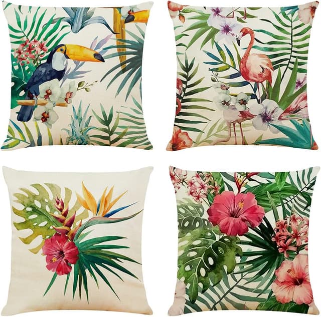 Detalle de NIULAA 4er-Set Kissenbezüge 45 x 45 mit tropischem Pflanzen-/Tiermotiv und verdecktem Reißverschluss