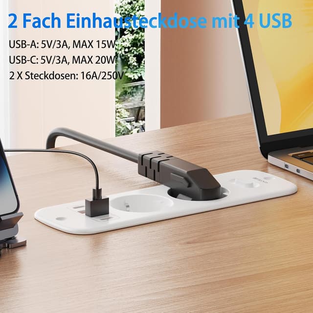 Detalle de TANXIS Presa a scomparsa da tavolo con 4 USB (2 USB A + 2 Type-C) e interruttore, bianca