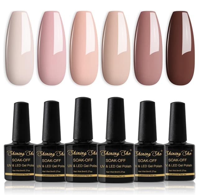 Detalle 2 de Shining She UV-Nagellack Set mit 6 Farben (Herbst/Winter Nude & Beige Töne) – Soak-off für LED/UV, 8 ml