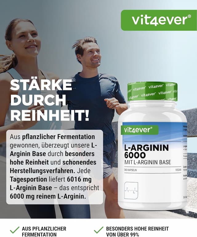 Detalle de vit4ever L-Arginin 6000 mg – 365 Kapseln (reines L-Arginin Base, vegan)