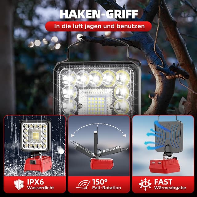 Detalle de Akku Lampe für Einhell PXC 18V Akku – 48W LED Arbeitsleuchte mit 4.800 lm und 2 USB (ohne Akku)