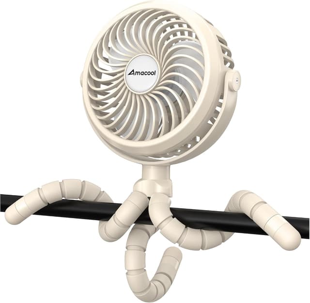 Detalle de Amacool Pram Fan – Battery Operated Clip-On Stroller Fan with 3 Speeds, Rotatable Head & Flexible Tripod Legs (White)