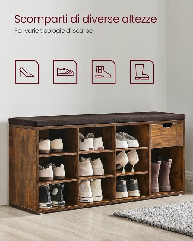 Detalle 2 de VASAGLE Panca Scarpiera con contenitore e cassetto LHS024T01, seduta imbottita marrone vintage