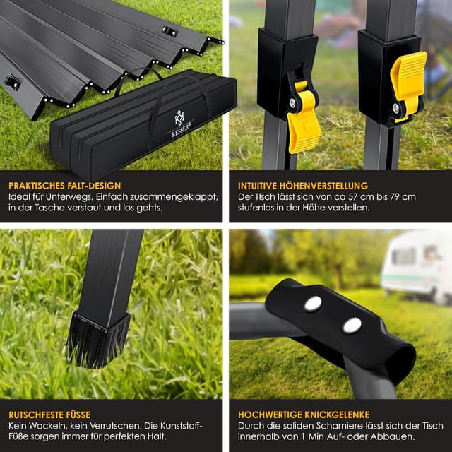 Detalle de KESSER® faltbarer Campingtisch mit Aluminiumrahmen, höhenverstellbar und Tragetasche (120 x 70 cm)