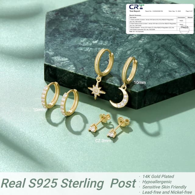 Detalle de Macachii 3 paires de boucles d’oreilles femme en argent 925 plaqué or 14K – mini créoles, étoiles et lunes