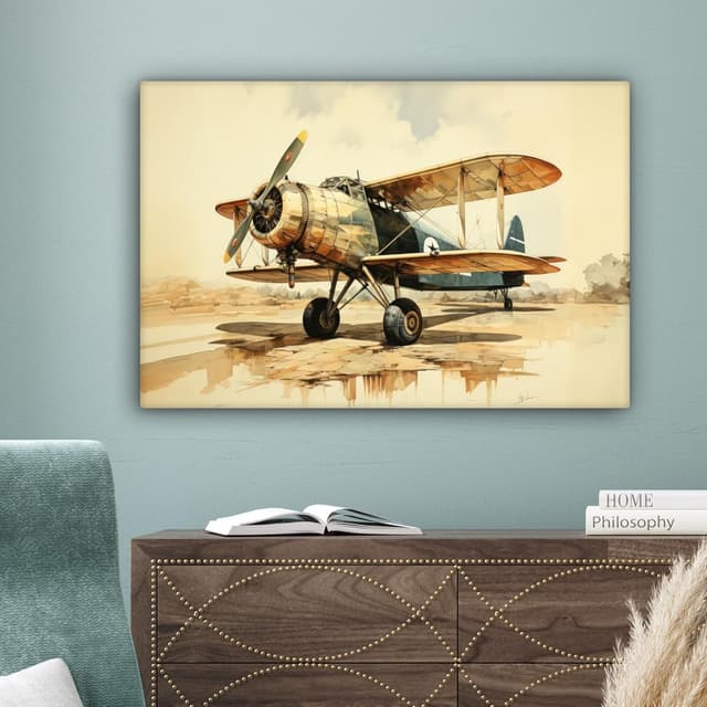 Thumbnail 6 de MuchoWow Impression sur toile 90 x 60 cm (Avion, Beige) – tableau mural sur cadre en bois