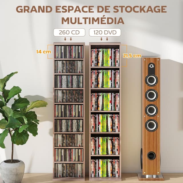 Detalle 2 de HOMCOM meuble de rangement CD/DVD avec étagères réglables (jusqu’à 260 CD / 120 DVD), 33 x 24 x 140 cm