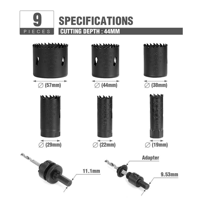 Detalle 2 de WORKPRO Scies Cloches 9 pièces avec boîtier aluminium et trépan pour métal