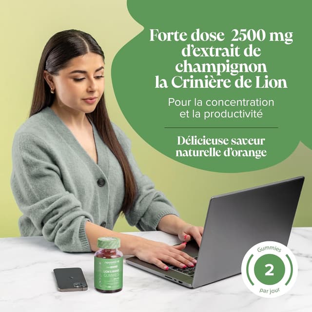 Detalle de Gommes Lion’s Mane Novomins – Extrait 2500 mg + vitamines B6/B12 et iode (60 gommes) sans sucre