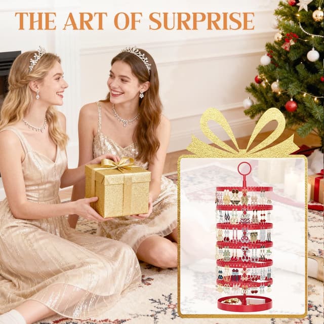 Detalle 2 de iDavosic.ly 6-stufige Ohrringaufbewahrung mit drehbarem Ohrstecker-Ständer, Metalltablett und 342 Rillen (rot)