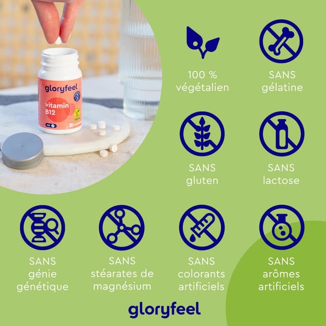 Detalle de Gloryfeel Vitamine B12 200 comprimés – 1.000 mcg/jour, 2 formes bioactives dont hydroxocobalamine + acide folique 5-MTHF (Quatrefolic®)