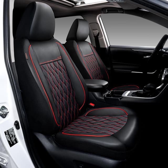 Detalle de CAROMOP Faux Leather Car Seat Covers Full Set (Split Bench Compatible, Airbag Compatible) — 5-Seat Black/Red