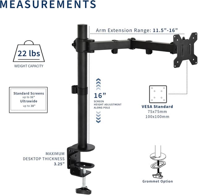 Detalle 2 de VIVO STAND-V001 Single Monitor Arm Desk Mount (up to 32 inch regular / 38 inch ultrawide, VESA 75x75 or 100x100)