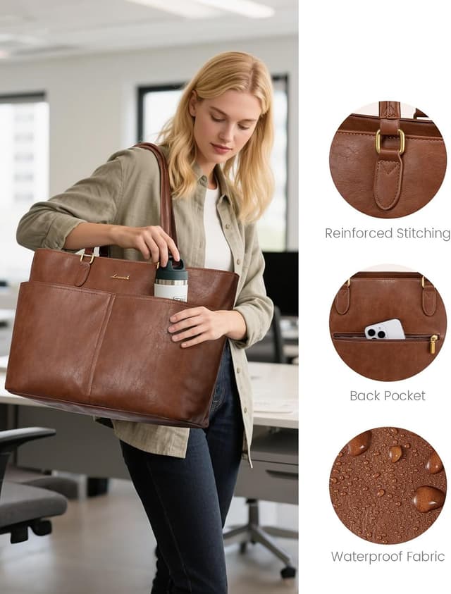 Detalle de LOVEVOOK 15.6-Inch Laptop Bag for Women — Vintage Vegan Leather Work Tote with Cup Holder