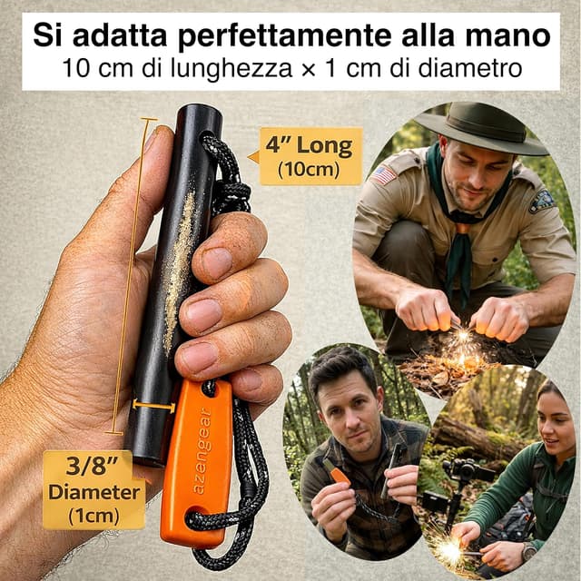 Detalle de aZengear Accendifuoco Firesteel Ferrocerio XXL con raschietto HSS e paracord fluorescente