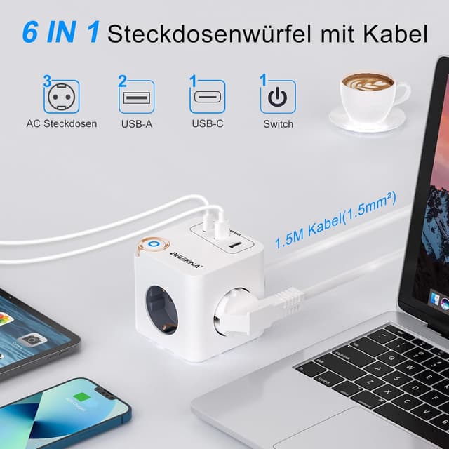 Detalle de Beizkna Steckdosenwürfel mit USB-C: 3-fach Mehrfachsteckdose mit Überspannungsschutz, Schalter und 1,5 m Kabel