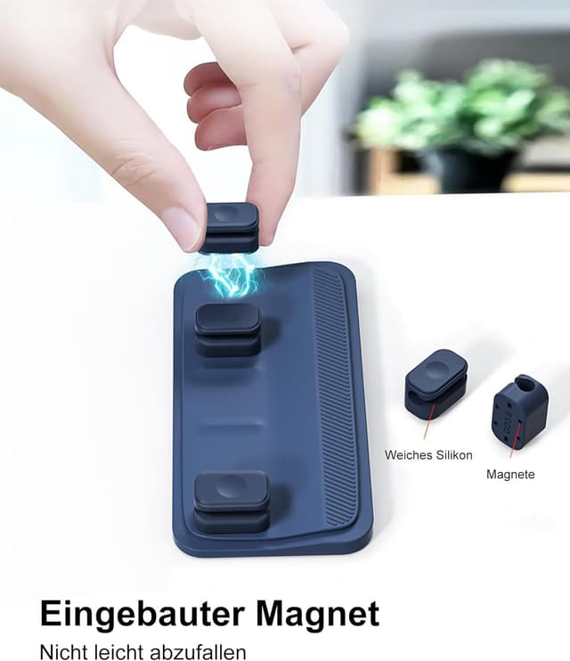 Detalle de Magnetischer Kabelhalter mit 5 variablen Magnetclips für Lightning, USB-C & Mikro-Kabel – universeller Kabelmanager (Blau)